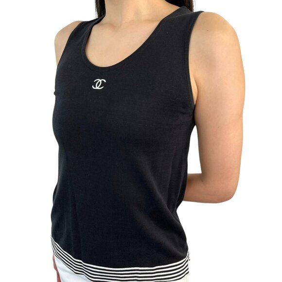 CHANEL Vintage 98P CC Mark Logo Summer Knit Tank Top #38 Black White [106500] - Picture 1 of 13